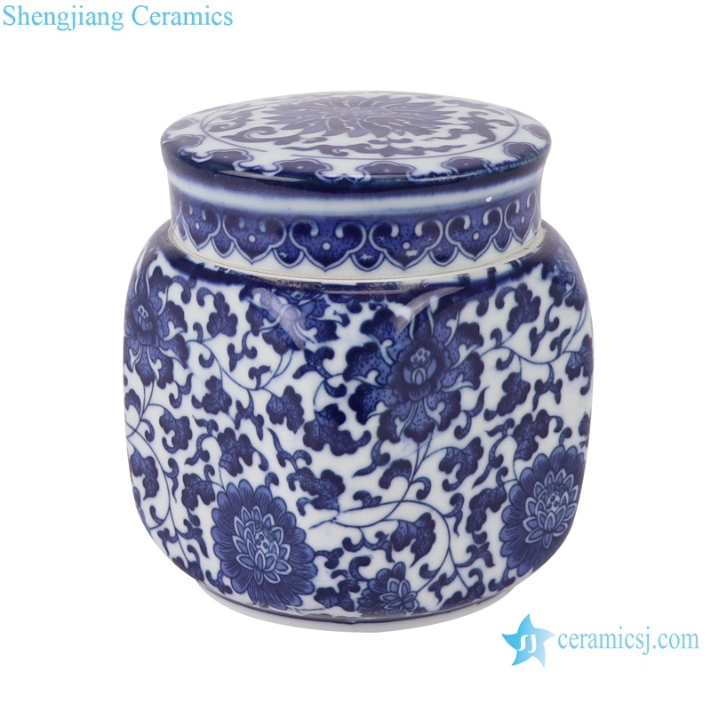 Blue and White Porcelain Round Shape Twisted Leaf Tea Jar Canister